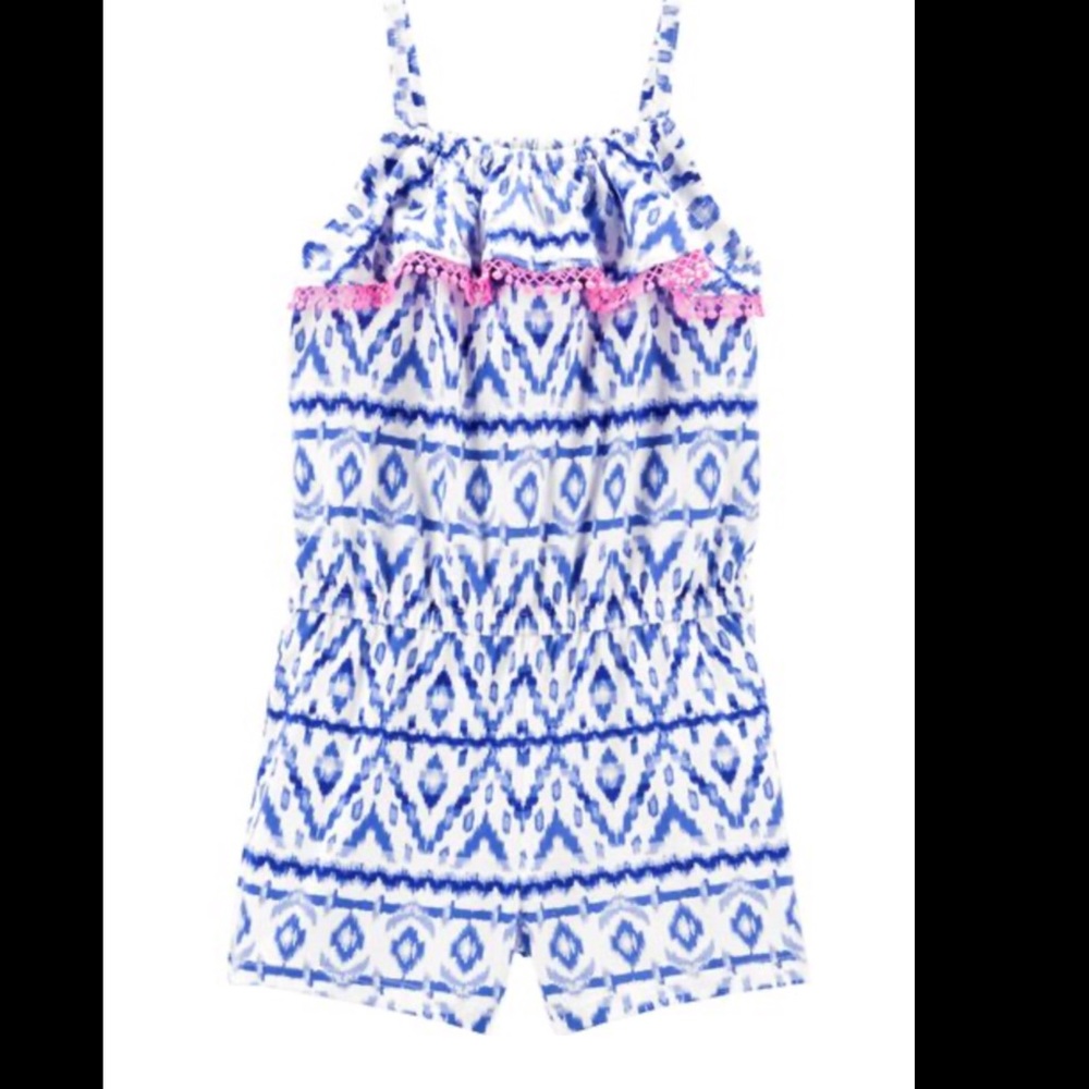 Blue & White Ikat Romper with Pink Lace Ruffle